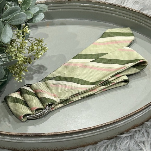J. Crew D-Ring Ribbon Belt Pink Green Tan Striped Vintage Tie Belt 45" - Picture 4 of 4